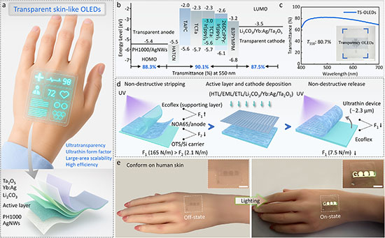 Design concept of the transparent skin-like OLED: device structure, transmittance spectrum, transfer process and the device laminated on skin, off and on