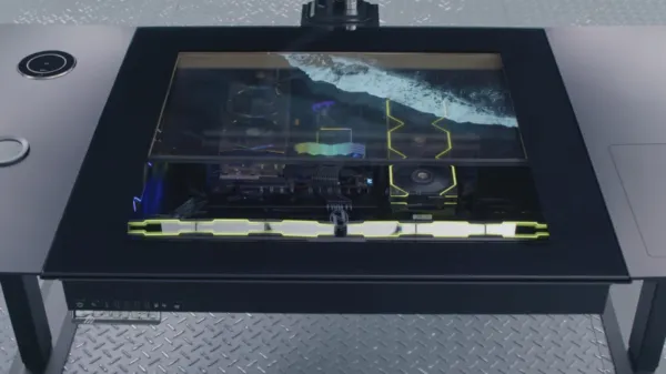 Lian Li DK-07 transparent OLED gaming desk photo